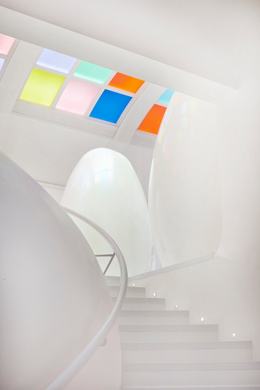 Load image into Gallery viewer, Modern staircase with colorful square lights on the ceiling