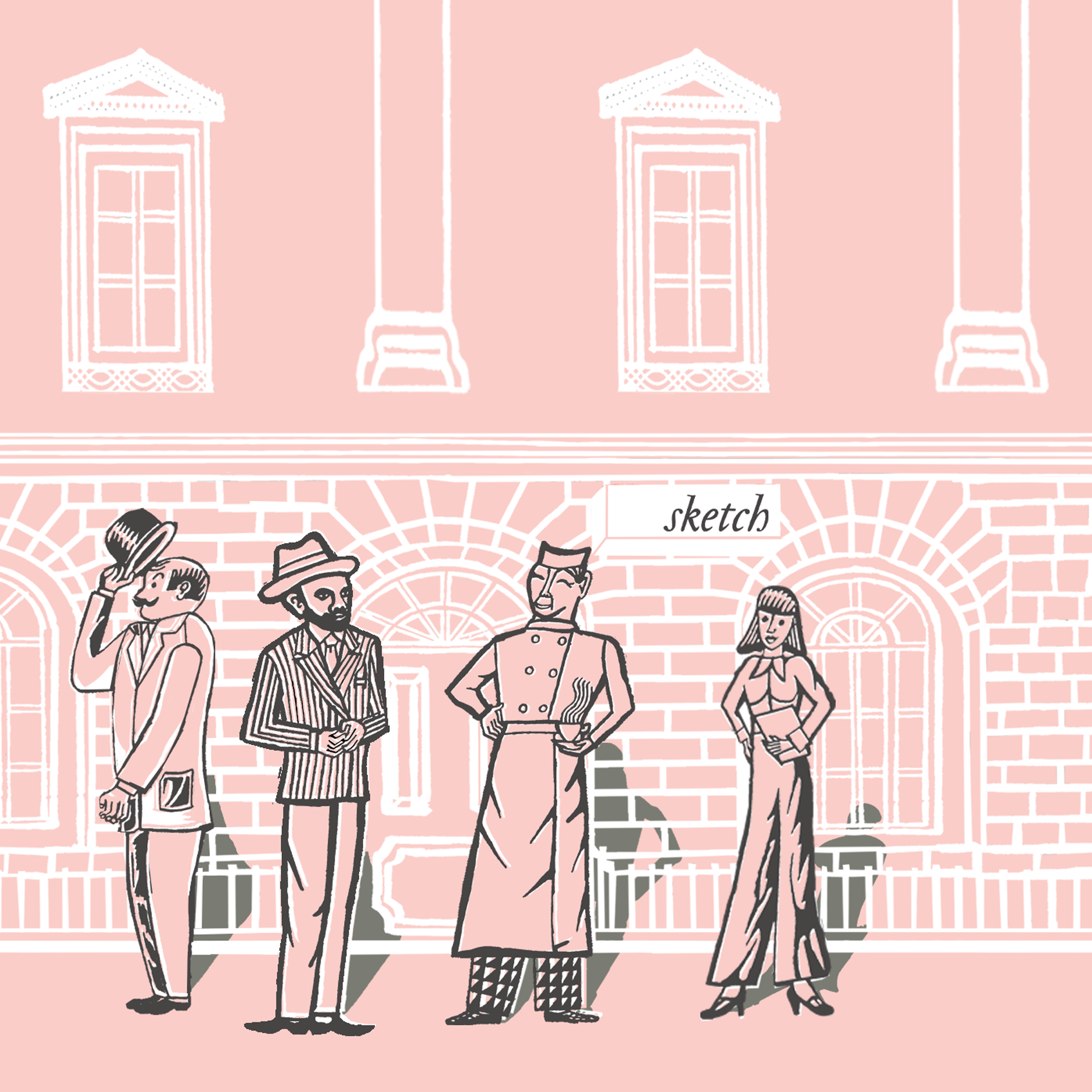 Load image into Gallery viewer, Illustration of four people in formal attire against a pink building background with 'sketch' text.